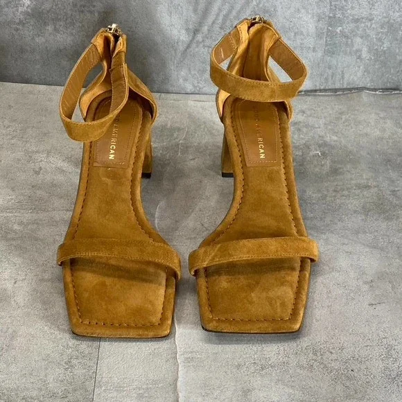 Good American Women's Amber Tan Square-Toe Ankle-Strap Block-Heel Sandals SZ 6 - Picture 3 of 11